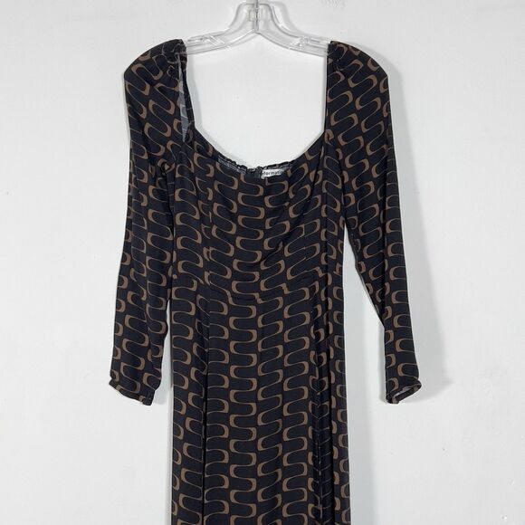 Reformation Sigmund Side Slit Midi Dress Sz 8 Black Linguini Print Square Neck - Picture 3 of 12